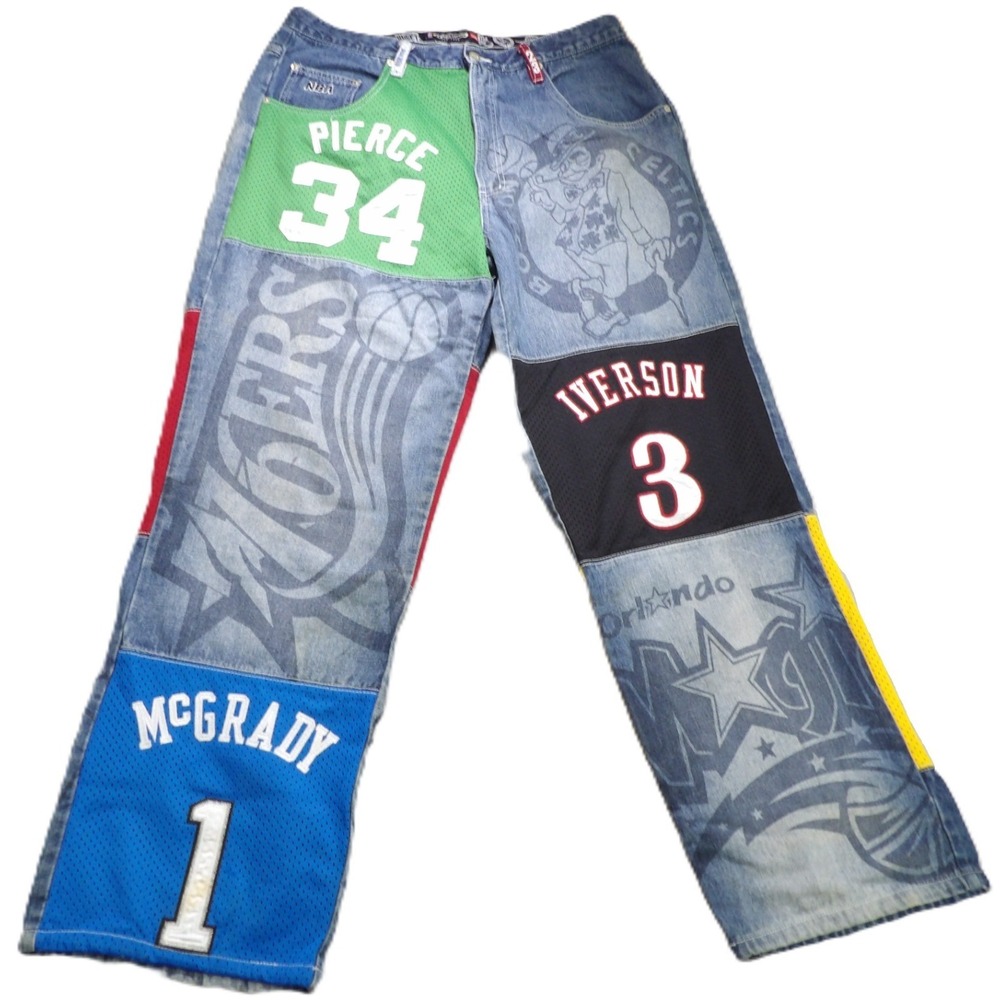 VTG UNK NBA All Star Men Jeans 38 Patchwork Jersey Bryant Iverson Baggy Denim - Picture 2 of 16